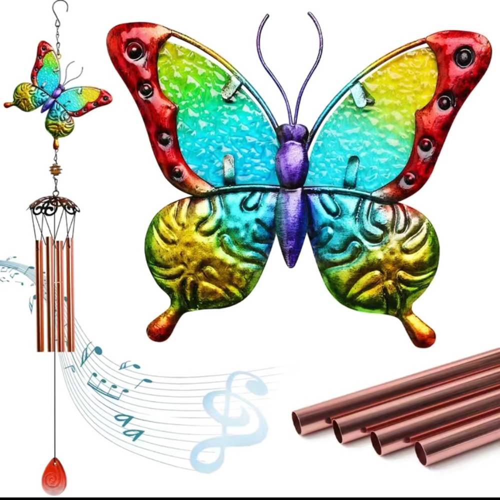 NEW BUTTERFLY WIND CHIMES INDOOR OUTDOOR 31" METAL GLASS